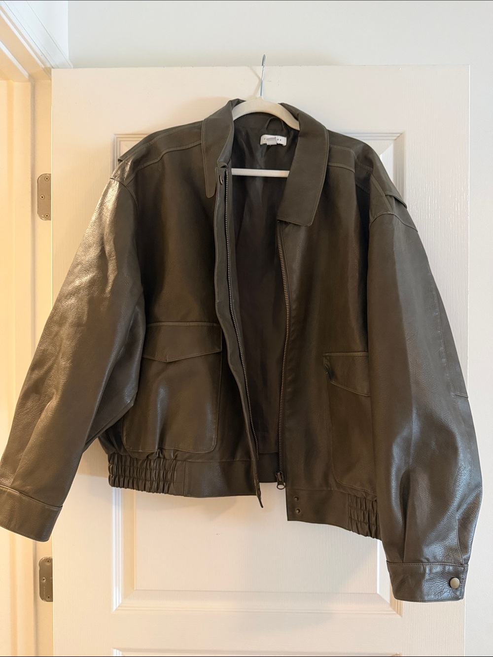 Topshop Olive Faux Leather Bomber Jacket - Sz 12